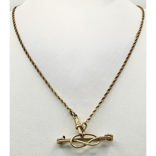 113 - A Vintage 9K Yellow Gold Rope Chain with a Crossover Safety Pin Pendant. chain - 40cm. 3.5cm pendant... 