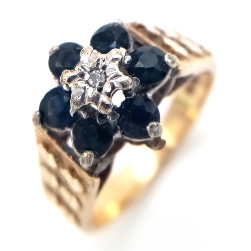 126 - Vintage 9 CARAT GOLD DIAMOND and SAPPHIRE RING. 3.85 Grams. Size K 1/2.