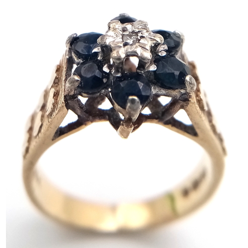 126 - Vintage 9 CARAT GOLD DIAMOND and SAPPHIRE RING. 3.85 Grams. Size K 1/2.