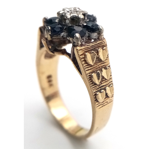 126 - Vintage 9 CARAT GOLD DIAMOND and SAPPHIRE RING. 3.85 Grams. Size K 1/2.