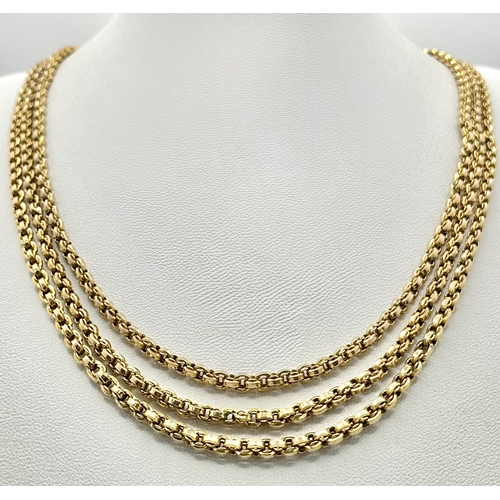 127 - A 9K Yellow Gold (tests as) Three Row Belcher Link Chain Necklace. 46cm length. 34.6g.