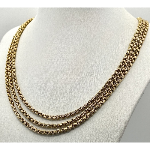 127 - A 9K Yellow Gold (tests as) Three Row Belcher Link Chain Necklace. 46cm length. 34.6g.