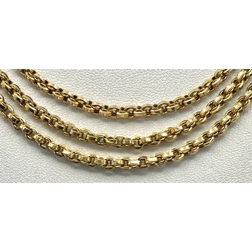 127 - A 9K Yellow Gold (tests as) Three Row Belcher Link Chain Necklace. 46cm length. 34.6g.