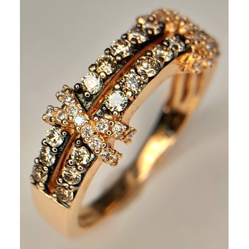 139 - A 14K ROSE GOLD, LE VIAN, 2 ROW, DIAMOND SET RING. 0.35 TCW, 3.6G, SIZE N. TAN 4001.