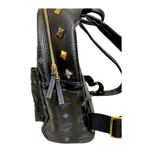 An MCM Small Studded Backpack. Black Visetos coated canvas  display picture 2