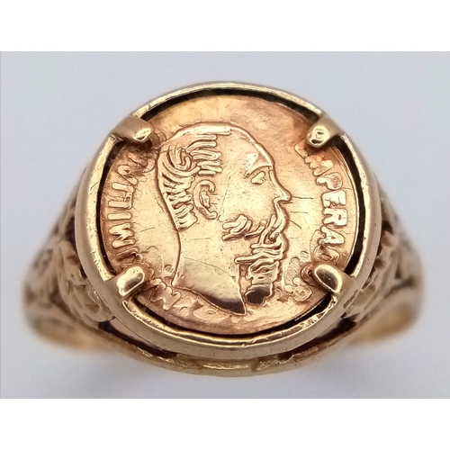 1038 - A Vintage 1985 London Hallmarked 9 Carat Gold Ring Set with an Emperador Maximiliano 1865 Mexican Go... 