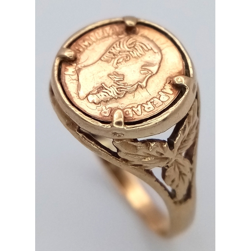 1038 - A Vintage 1985 London Hallmarked 9 Carat Gold Ring Set with an Emperador Maximiliano 1865 Mexican Go... 