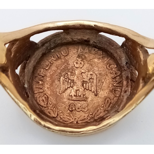 1038 - A Vintage 1985 London Hallmarked 9 Carat Gold Ring Set with an Emperador Maximiliano 1865 Mexican Go... 