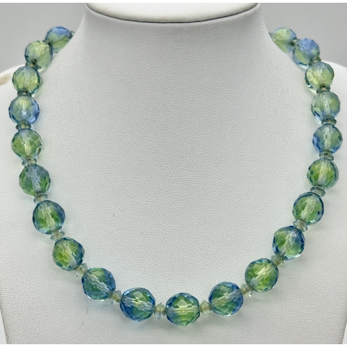 1073 - A Vintage Sterling Silver and Faceted Blue/Green Uranium Glass Beaded Necklace- 43cm Length. Beads m... 