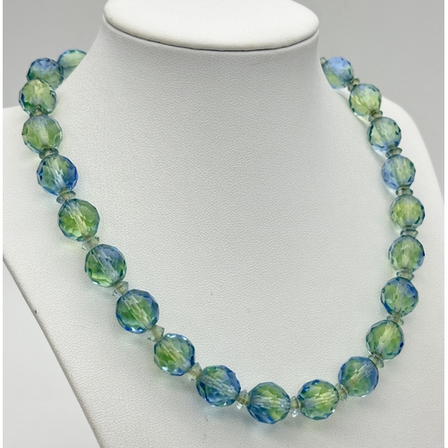 1073 - A Vintage Sterling Silver and Faceted Blue/Green Uranium Glass Beaded Necklace- 43cm Length. Beads m... 