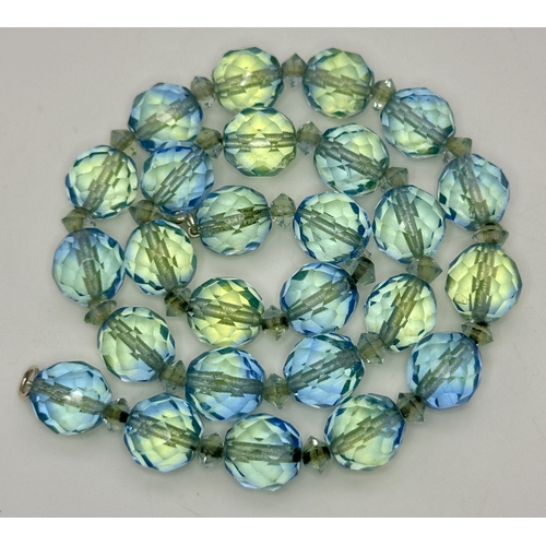 1073 - A Vintage Sterling Silver and Faceted Blue/Green Uranium Glass Beaded Necklace- 43cm Length. Beads m... 
