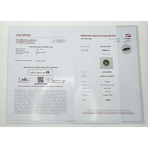 15 - A 4.16ct Round Brilliant Cut Zambian Natural Emerald Gemstone. GFCO Switzerland certified. A rare in... 