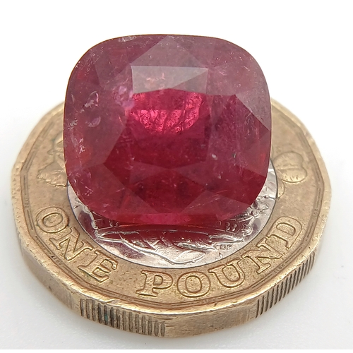 18 - A 11.14ct Natural Rubellite Tourmaline Gemstone. Rare Large Size Cushion Shape, Africa Origin. GGI c... 