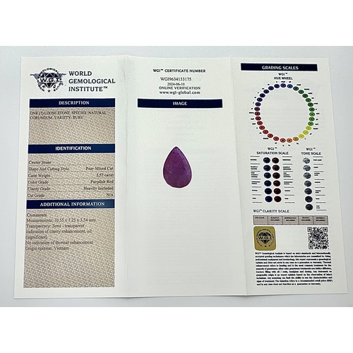 22 - A Rare 2.57ct Pear Mixed Cut Ruby Gemstone. Vietnam origin. WGI London UK certified. Ref: BVC 07