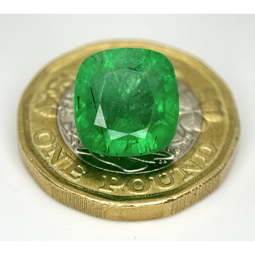 32 - A 5.55ct Cushion-Cut Zambian Natural Emerald Gemstone. Minor oil, exceptional lustre, a rare investm... 