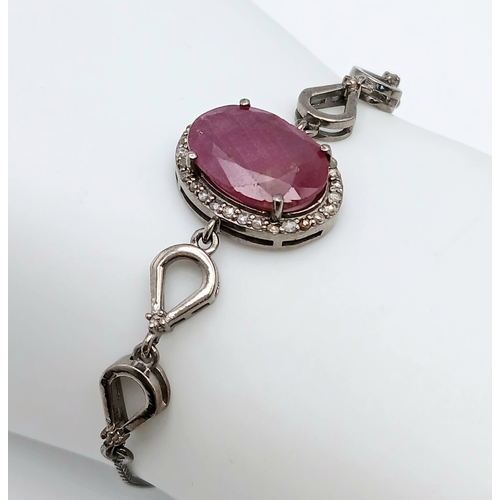 67 - An Oval Cut 8ct Ruby with Diamond Accents Set in 925 Silver bracelet. Adjustable. CD-2017.
