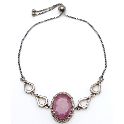 67 - An Oval Cut 8ct Ruby with Diamond Accents Set in 925 Silver bracelet. Adjustable. CD-2017.