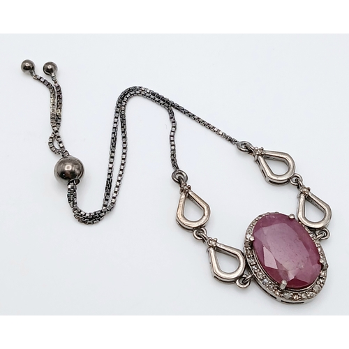 67 - An Oval Cut 8ct Ruby with Diamond Accents Set in 925 Silver bracelet. Adjustable. CD-2017.
