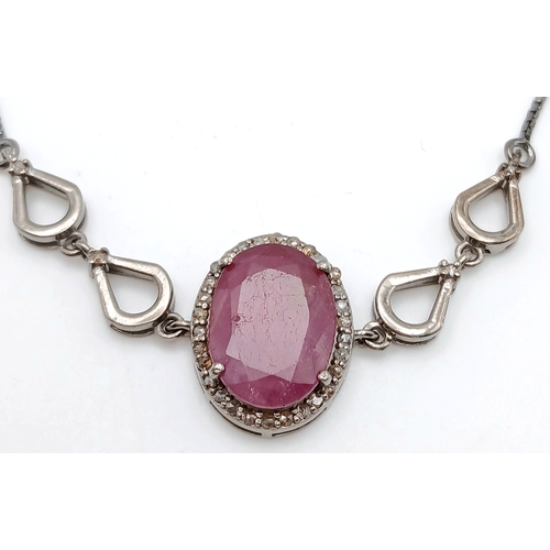 67 - An Oval Cut 8ct Ruby with Diamond Accents Set in 925 Silver bracelet. Adjustable. CD-2017.