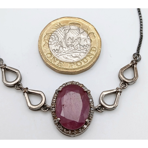67 - An Oval Cut 8ct Ruby with Diamond Accents Set in 925 Silver bracelet. Adjustable. CD-2017.