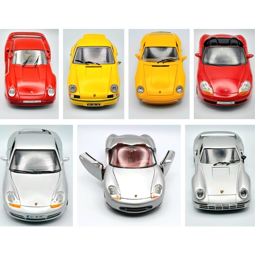 114 - Seven loose 1/18th scale Porsche models. To include Maitso and Burago. Good condition. Please see ph... 