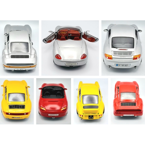 114 - Seven loose 1/18th scale Porsche models. To include Maitso and Burago. Good condition. Please see ph... 