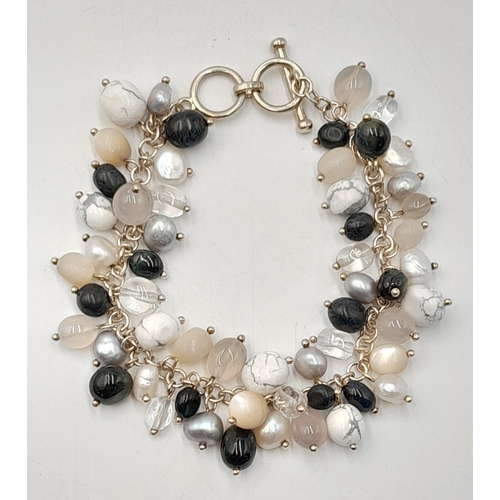 1091 - A Pretty Sterling Silver Quartz and Pearl T-Bar Bracelet-21cm Length. Measures approx. 2cm Wide. Gro... 