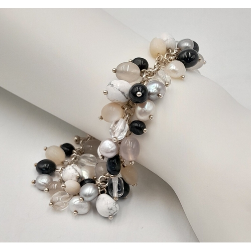 1091 - A Pretty Sterling Silver Quartz and Pearl T-Bar Bracelet-21cm Length. Measures approx. 2cm Wide. Gro... 