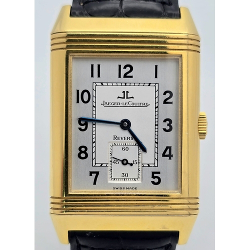 373 - AN 18K YELLOW GOLD JAEGER-LE-COULTRE, REVERSO GENTS MECHANICAL WATCH. MODEL 270.1.62. BLACK LEATHER ... 