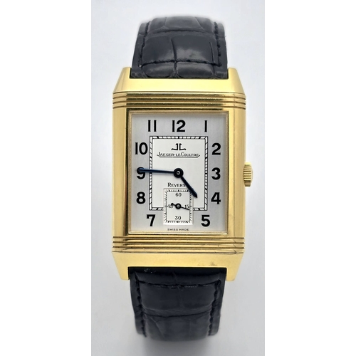 373 - AN 18K YELLOW GOLD JAEGER-LE-COULTRE, REVERSO GENTS MECHANICAL WATCH. MODEL 270.1.62. BLACK LEATHER ... 