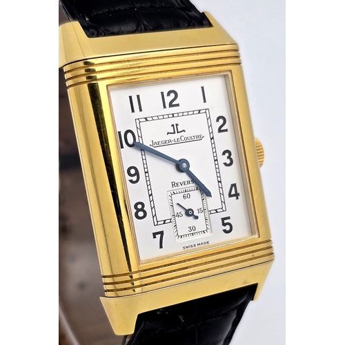373 - AN 18K YELLOW GOLD JAEGER-LE-COULTRE, REVERSO GENTS MECHANICAL WATCH. MODEL 270.1.62. BLACK LEATHER ... 