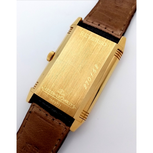 373 - AN 18K YELLOW GOLD JAEGER-LE-COULTRE, REVERSO GENTS MECHANICAL WATCH. MODEL 270.1.62. BLACK LEATHER ... 