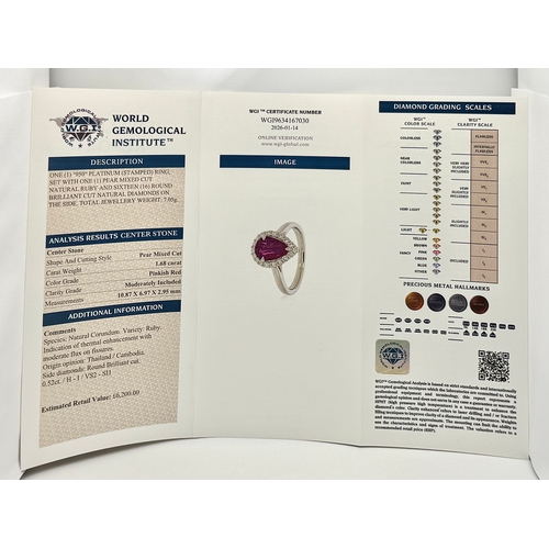 547 - A W.G.I. Certified 950 Platinum, Ruby and Diamond Ladies Cocktail Ring. A 1.68ct Indochine Pear cut ... 