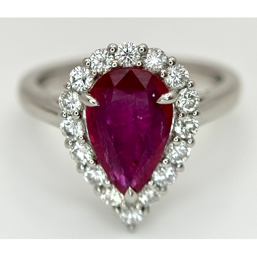547 - A W.G.I. Certified 950 Platinum, Ruby and Diamond Ladies Cocktail Ring. A 1.68ct Indochine Pear cut ... 