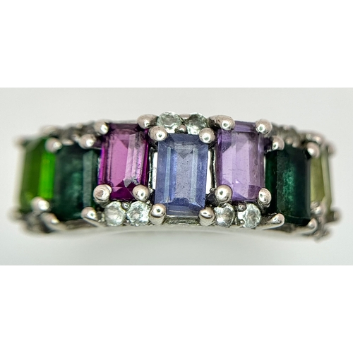 1000 - A Pretty Sterling Silver, Multi-Colour, Semi-Precious Gemstone Set Ring Size K1/2. Set with 7mm Leng... 