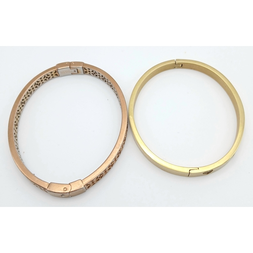 1106 - A NOMINATION, GOLD TONE, STONE SET, HEART BANGLE AND A FOSSIL, ROSE GOLD TONE, FILIGREE DESIGN BANGL... 