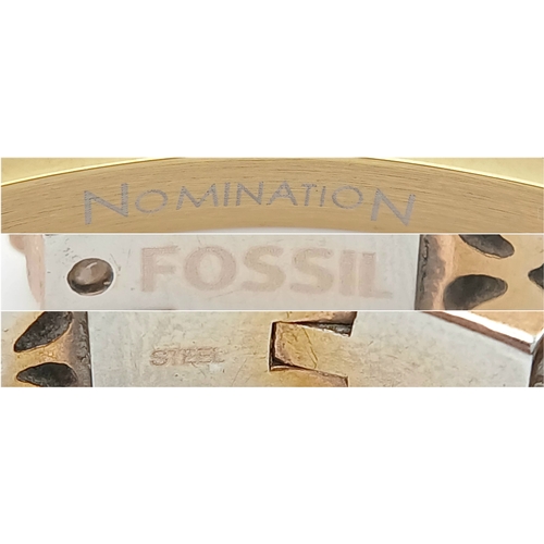 1106 - A NOMINATION, GOLD TONE, STONE SET, HEART BANGLE AND A FOSSIL, ROSE GOLD TONE, FILIGREE DESIGN BANGL... 