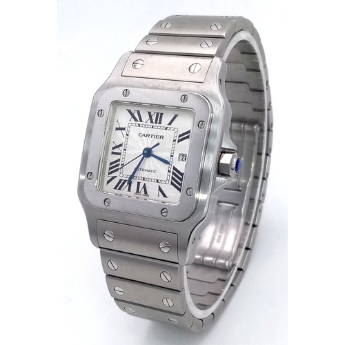 A Cartier Santos Automatic Gents Watch. Stainless steel bracelet and case - 30mm. White dial with Roman numerals. Sapphire tipped crown. In good condition and working order. Comes with a Watch Register Report. 
PN-8329-2