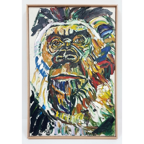 Gorilla - Oil on Canvas by Acclaimed British Artist John Bratby R.A. (1928-1992). Bratby founded the kitchen sink realism style of art that was influential in the late 1950s and later developed an affinity for Guy the Gorilla, painting several portraits of him.  Signed Bratby near right corner at base. In frame - 53cm x 79cm. Original provenance verso.