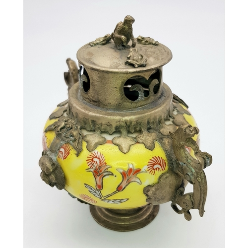 1033 - A Vintage Ornate Chinese Porcelain and White Metal Incense Burner.  Yellow glaze with hand-painted r... 