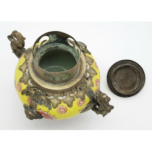 1033 - A Vintage Ornate Chinese Porcelain and White Metal Incense Burner.  Yellow glaze with hand-painted r... 