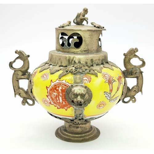 1033 - A Vintage Ornate Chinese Porcelain and White Metal Incense Burner.  Yellow glaze with hand-painted r... 