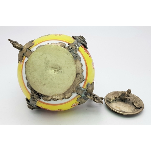 1033 - A Vintage Ornate Chinese Porcelain and White Metal Incense Burner.  Yellow glaze with hand-painted r... 