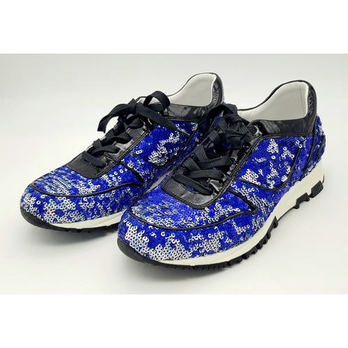 1061 - A Pair of Lanvin Blue Sequin Trainers/Sneakers. Patent leather, leather and sequins with laces. Euro... 
