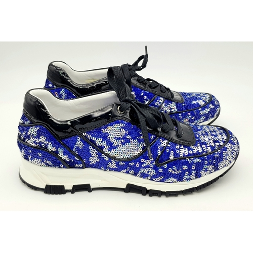 1061 - A Pair of Lanvin Blue Sequin Trainers/Sneakers. Patent leather, leather and sequins with laces. Euro... 
