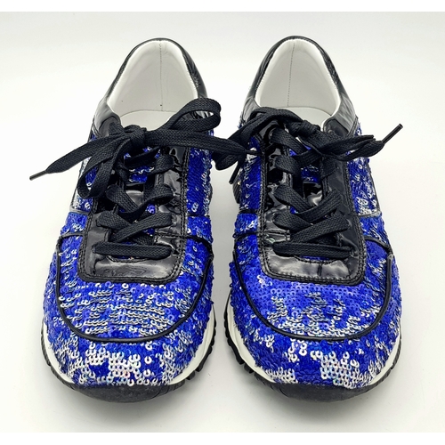 1061 - A Pair of Lanvin Blue Sequin Trainers/Sneakers. Patent leather, leather and sequins with laces. Euro... 