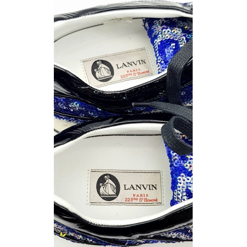 1061 - A Pair of Lanvin Blue Sequin Trainers/Sneakers. Patent leather, leather and sequins with laces. Euro... 