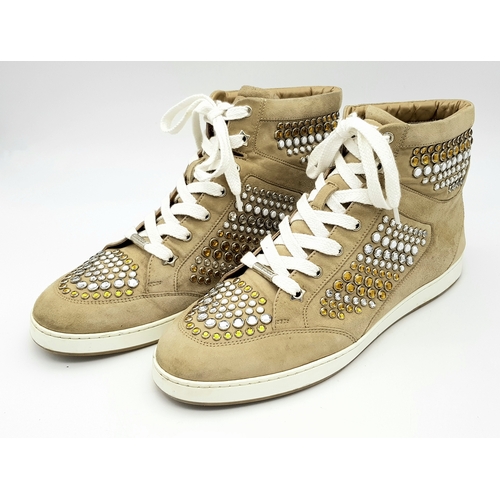1068 - A Pair of Jimmy Choo Beige Embellished High Top Trainers/Sneakers. Suede exterior with silver-toned ... 