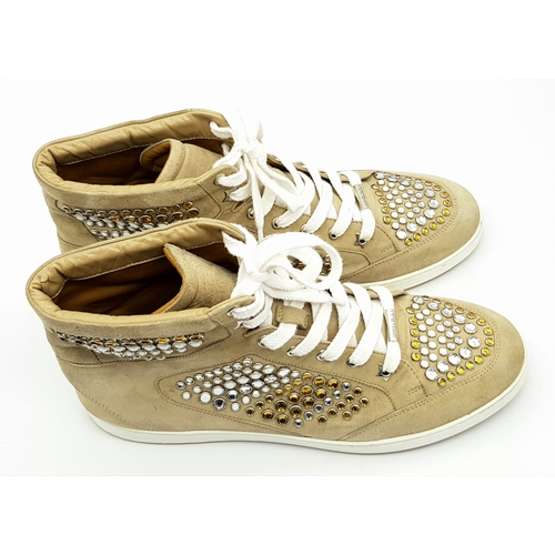 1068 - A Pair of Jimmy Choo Beige Embellished High Top Trainers/Sneakers. Suede exterior with silver-toned ... 