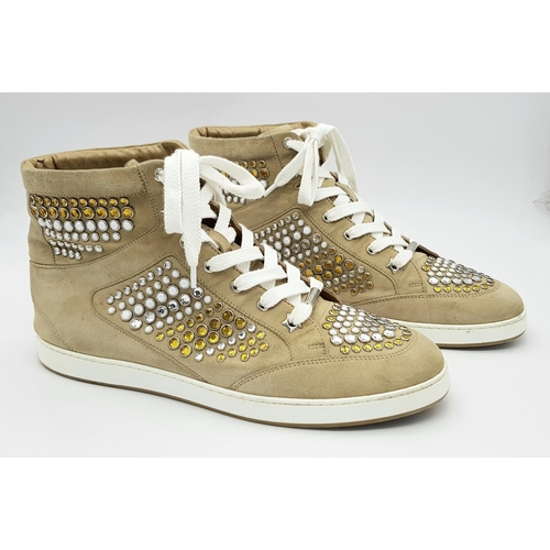 1068 - A Pair of Jimmy Choo Beige Embellished High Top Trainers/Sneakers. Suede exterior with silver-toned ... 